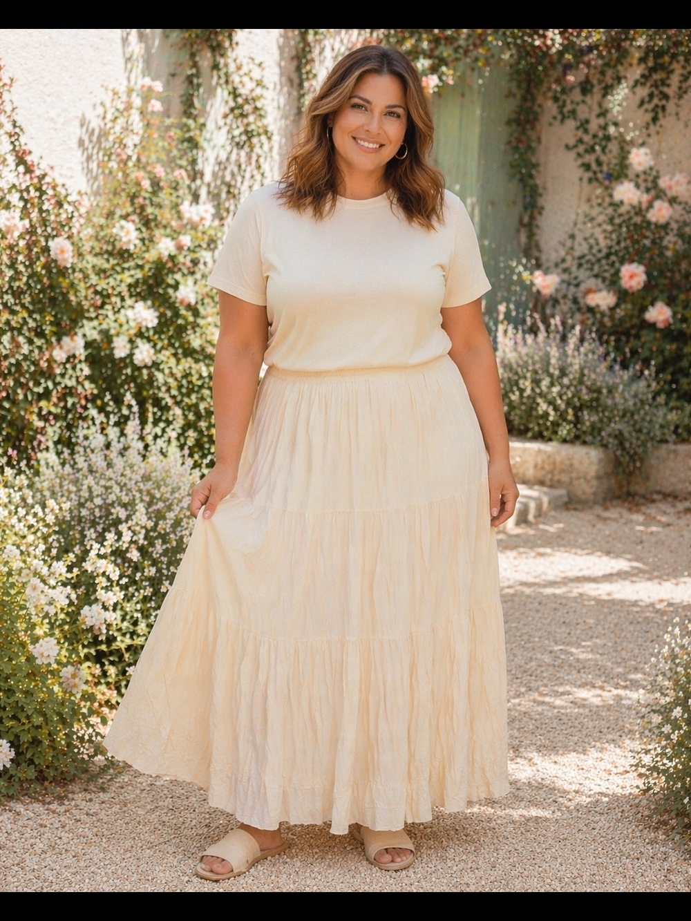 ANTELS💝Flowy Cream Tiered Rayon Maxi Skirt with Stretchy Elastic Waist Sz 3X